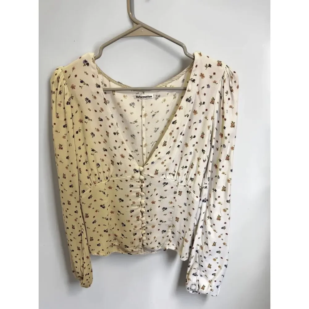 Reformation Nell Women's Ivory Ditsy Floral Puff Sleeve Top Cottagecore L